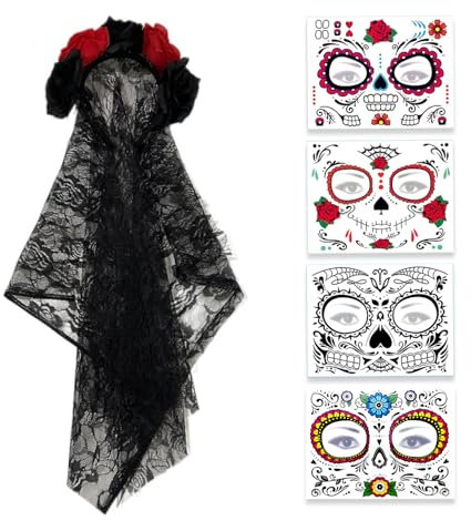 Serre-tête d'Halloween avec 4 autocollants pour le visage et 4 autocollants pour le visage, serre-tête avec fleurs et voile de rose, convient pour Halloween, carnaval, fête costumée (noir et rouge)