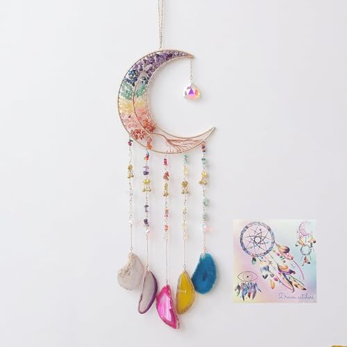 Acchiappasogni con albero della vita, con 7 chakra, albero della vita, luna, acchiappasogni, gemma naturale, fetta di agata e cristallo, decorazione per la casa e il giardino (colore: colore)
