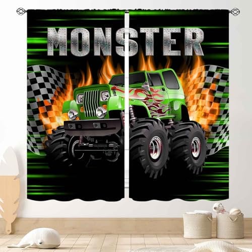 LKW-Vorhänge für Jungenzimmer, brennende Flamme, Traktor, LKW, Auto, cooles Monster, karierte Rennflagge, Fenstervorhänge, Behandlungen für Jungen, Kinderzimmer, Wohnzimmer, Spielzimmer, Kinderzimmer,