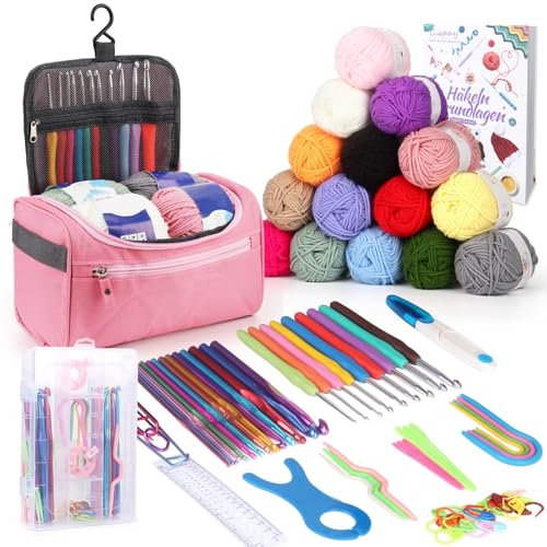 Coopay Tragbar Häkelset für Anfänger, Häkelnadel Set mit 15 Wolle, Tasche, Häkelzubehör, Ergonomische Häkelnadeln mit Weicher Griff und Metall Häkelnadel, 2,0-10 mm Praktische Häkelnadeln, Rosa