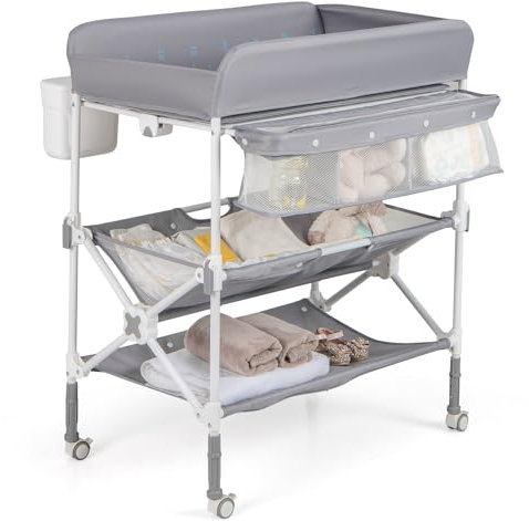 COSTWAY Baby Changing Table, Folding Diaper Changing Station with Wheels, Storage Basket, Shelves & Trash Bin, Height Adjustable Nursery Organizer for Newborn and Infant (Gray)