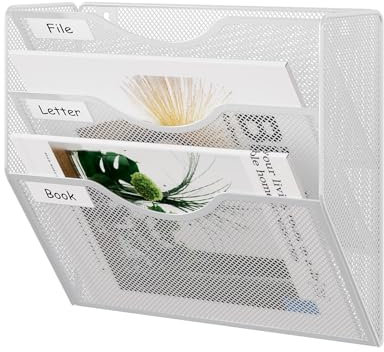 JEBELE 3 Fächer Zeitschriftenhalter Zeitungshalter Wand Mesh zeitschriften wandhalterung A4 Dokumentenablage Wand Büro Organisationsregal mit Etiketten Design Metall,Weiß