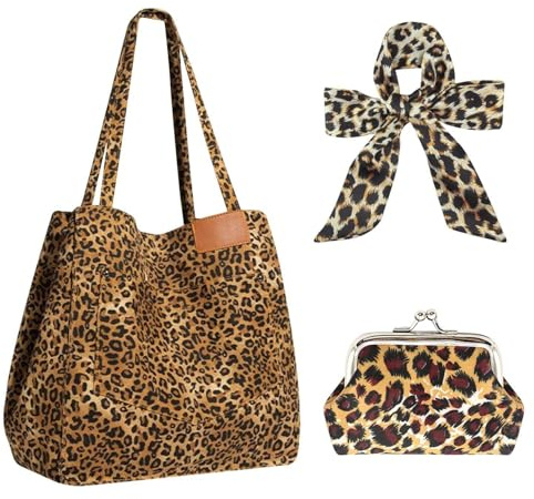 VEHYEGOI Leopard Print Shoulder Bag With Decorative Strap and Coin Purse, Retro Large Capacity