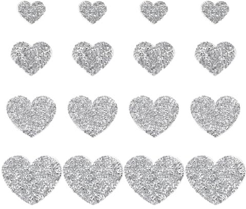 PATIKIL 4 Sizes Heart Rhinestone Patches, 16 Pcs Heart Shape Iron on Applique Patches Rhinestone Applique Glitter Crystal Patches Sewing for Shoes Clothes Pants Bags, Silver White