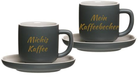 LUXENTU Personalisierte Espressotassen mit Untertassen Jasper 2er Set, 90 ml, Goldgefärbte Gravur auf Tassen, 2-zeiliger Gravurbereich für individuellen Text, Steinzeug, Grau