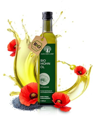 Aura vom Land Bio Premium Mohnöl Kaltgepresst 250ml – Natürliches Speiseöl Naturbelassen - Reich an Omega 3, 6 & 9 - Vitamin E aus Mohnsamen/Mohn – Bio Mohn Öl Hergestellt in Bayern
