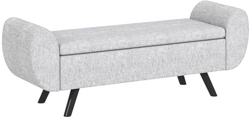 HOMCOM Storage Ottoman with Armrest, Upholstered Linen Storage Bench, Window Seat with Rubberwood Legs, Footstool for Bedroom Living Room, Hallway, Light Grey