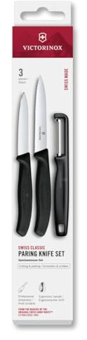 Victorinox Swiss Classic Set de couteaux à légumes avec éplucheur, couteau à éplucher et couteau à tomates, 3 pièces, Lame extra tranchante, Noir