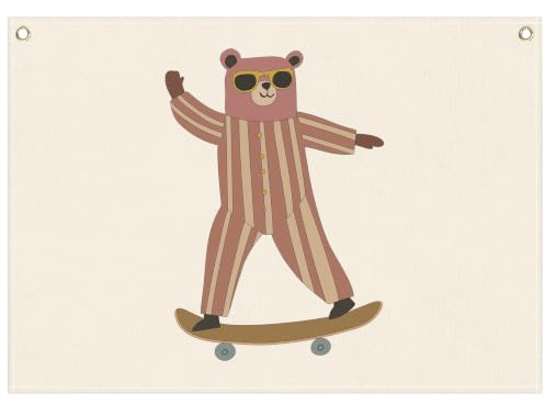 Nursery Banner Wall Decor-Boho Hanging Banner Pennant Poster Wall Flags-for Baby Boy Girl Room Home Playroom Dorm Classroom-Baby Present Shower Birthday Christmas-Skateboarding Bear-28.5x20 Inches