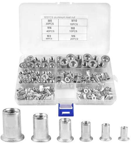 165 Piezas Tuercas de Remache de Cabeza Plana, Tuercas Remachables Ciegas M3 M4 M5 M6 M8 M10, Remaches Roscados, con Caja de Almacenamiento, para Fijación de Muebles, Decoración, Manualidades