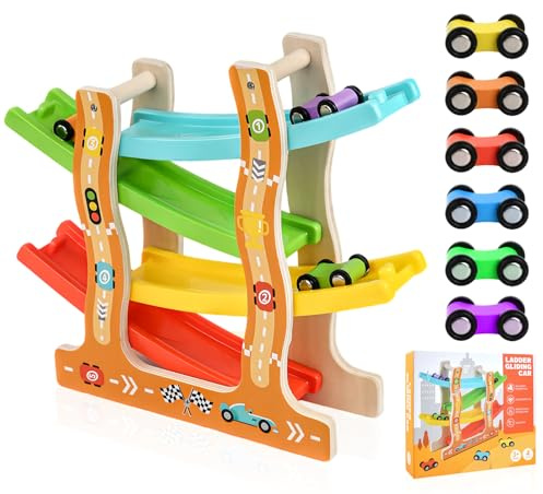 Ecofocet Holz Autorennbahn mit 6 Autos, 4-stöckige Murmelbahn, Montessori Holzspielzeug ab 1 Jahr, Motorikspielzeug für Kleinkinder Jungen & Mädchen, Lernspielzeug Geschenk