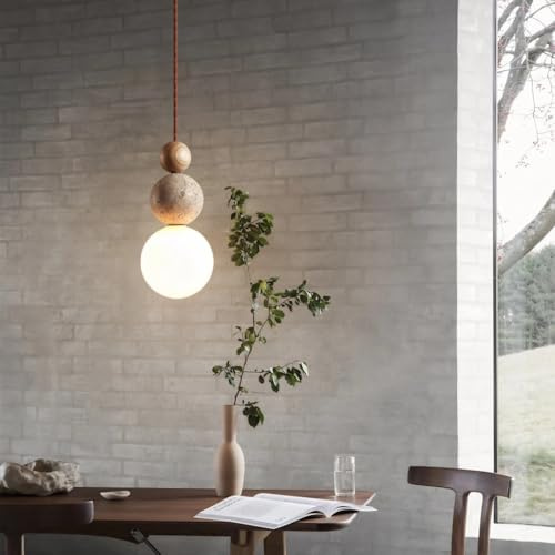 YUPIN Wabi-Sabi Natürliche Stein Esstisch Höhenverstellbar Pendelleuchte Japanisch Stil Kreativ Travertin Hängelampe G9 Nordisch Holz Küche Kronleuchter Für Esszimmer Schlafzimmer Flur(Natural)