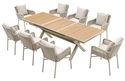MAT-COMPANY Gartenset 8+1 ausziehbarer Tisch 180–240x90 cm Aluminium WPC Platte Beige Hellbraun mit Sitzkissen
