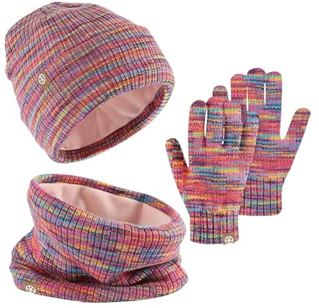 AWAVM Lot de 3 bonnets, écharpes et gants d'hiver chauds en tricot thermique pour enfants de 5 à 12 ans-Moufles tactiles-Doublure en polaire douce-Élastique-Sports (Mélange couleurs)