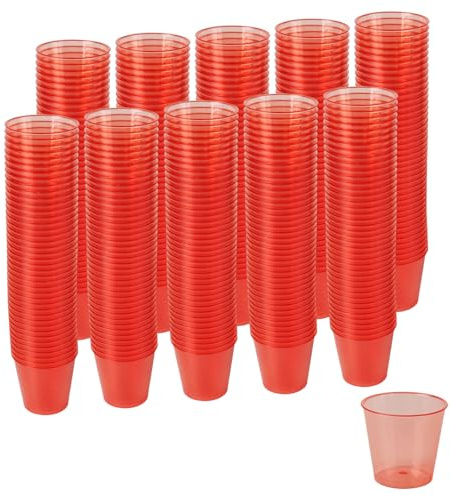 PINGEUI 500 PCS 1oz/30ml Plastic Shot Cups, Plastic Tasting Cups, Mini Shot Glasses Containers for Drinks, Jelly, Sample, Sauce, Dipping(Red Transparent)