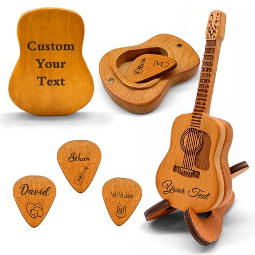 Personalized Wooden Guitar Pick Holder - 3PCS Custom Guitar Picks, Engraved Name Logo Guitar Pick Storage Case Box Customized gift for Guitarists Music Lovers