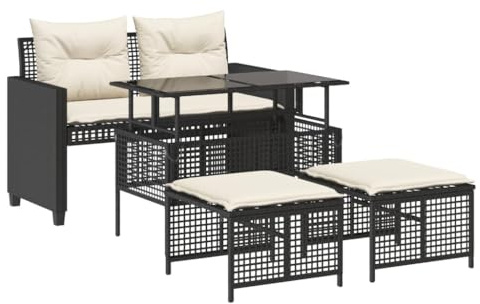 Foknhdi 4-teiliges Gartenmöbel Set Schwarz Poly Rattan mit verstellbarem Beistelltisch 122 cm Couchgarnitur für Balkon Terrasse Lounge