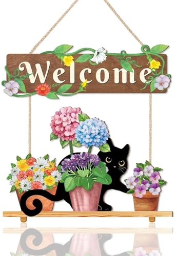 Türkranz Ganzjährig, Willkommensschild Haustür aus Holz zum Aufhängen, Türkranz Frühling Außen mit schwarzer Katze, farbenfrohe Blumendekoration für die Haustür, Wohnung, Terrasse, Garten