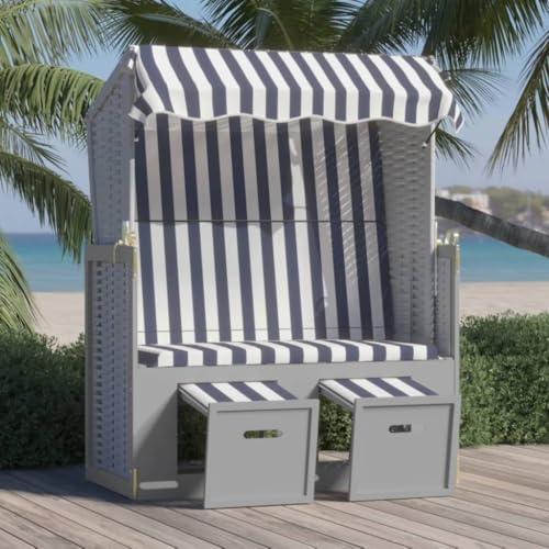 NIVVHOH Strandkorb & Liegestuhl Blau Weiß Grau Poly Rattan Liegen Relaxliege für Garten, Balkon, Im Freien (115 x 55 x 133/151/156 cm)