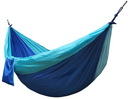 Kronenburg Ultraleichte Nylon Hängematte Fallschirmseide 275 x 140 cm, nur 595 Gramm, Traglast 300 kg inkl. 2 Karabiner und Seile - Blau/Hellblau - Farbwahl