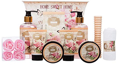 10 Piece Ladies Stylish Chic British Rose Body & Bath Spa Gift Set - Includes all Bathing Essentials Complete with Large Attractive Printed Metal Box
