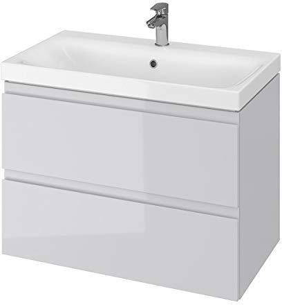 VBChome Badmöbel 80 cm Grau Waschbecken mit Unterschrank Waschtisch 2-Schubladen Moduo Wandschrank Hängeschrank Badezimmerschrank Gefräste Griffe