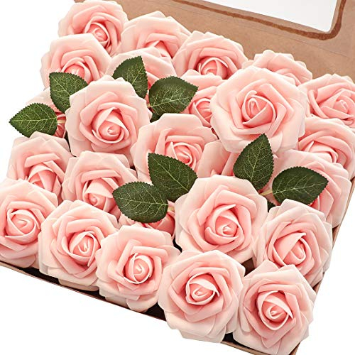 Floroom Künstliche Blumen, 50 Stück, echt aussehende Blush Erbstück, gefälschte Rosen mit Stielen für DIY Hochzeitssträuße, rosa Brautdusche, Tafelaufsatz, Partytische, Heimdekorationen
