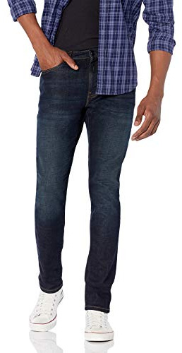 Amazon Essentials Herren Stretchjeans, Skinny-Passform - Auslauffarben, Dunkles Indigo/Leicht Ausgespült, 32W / 32L