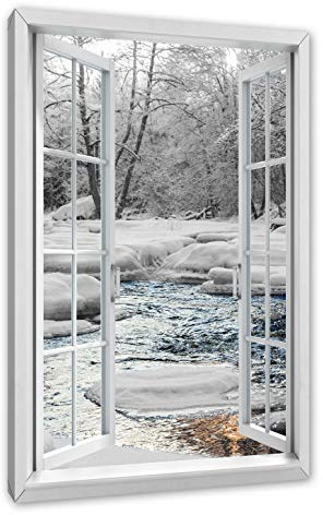 Pixxprint wunderschöner Bach im Winter, Fenster, Größe: 60x40cm, Leinwandbild, fertig gespannt, Wandbild, Dekoration, Kunstdruck, kein Poster