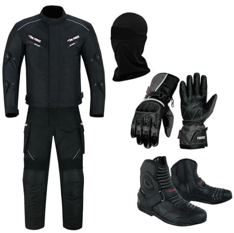 Full Set of Waterproof Motorbike 2 Piece Suit Motorcycle Protective Clothing in Cordura Fabric CE Approved Armours - Jacket + Trouser + Boots + Gloves + Balaclava (Black, L - 40 Chest / 34 Waist)