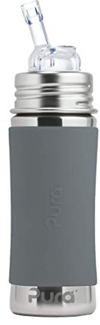 Pura Strohhalmflasche 300ml/325ml Edelstahlflasche mit einem Trinkhalmaufsatz. Inklusive Travelcover (Schutzhaube) aus Silikon in Grau