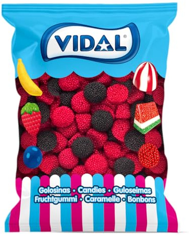Vidal Golosinas. Moras zarza. Chuche con forma de mora cubierta de bolitas de caramelo con sabor a mora. Color rojo y negro. Sin Gluten. Sin Grasa. Bolsa de 250 unidades.