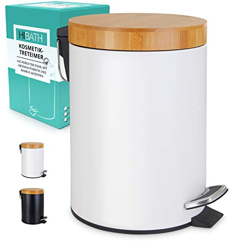 HIBATH® Poubelle de salle de bain en acier inoxydable avec couvercle en bambou (5 litres, blanc) - Poubelle de salle de bain avec système d'abaissement automatique - Poubelle pratique - Poubelle WC