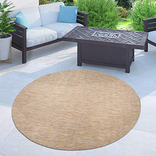 Paco Home Outdoor Teppich Flachgewebe Sisaloptik Modern Einfarbig meliert wetterfest & pflegeleicht Küchenteppich Ideal für Terrasse Balkon Garten, Grösse:160 cm Rund, Farbe:Natur