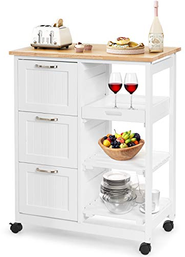GOPLUS Carro de Cocina con Ruedas con 3 Cajones y 3 Niveles, Carrito de Cocina de Madera con 1 Bandeja Extraíble y Freno, Ideal para Cocina, Salón, Pasillo, 67 x 37 x 83,5 cm, Blanco y Natural