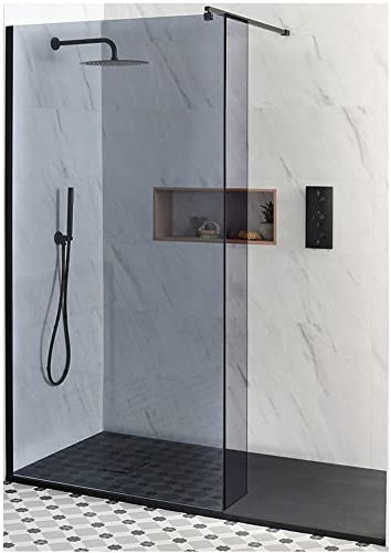 Milano Nero-Luna Black Recessed Frameless Wet Room Shower Enclosure with Smoked Glass Screen, Hinged Return Panel and Graphite Slate Effect Tray - 1500mm x 900mm
