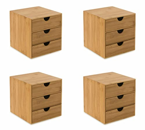 OSCO Bamboo 3 Drawer Chest | 4 Pack | Small Item Storage | Stackable | Lego Container | Makeup Container | Jewellery Box | Stationery Organiser | Not A4 Size | H17.7 x W16.8 x D17.5 cm |