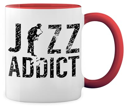 jazz addict saxophone Weiße Tasse Mug mit roten Felgen und Griff