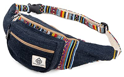Freakmandu Unisex Hanf Gürteltasche – Fanny Packs, Hüftgürteltasche zum Umhängen, Boho Hippie Stil, Handgefertigte Hüfttaschen für Wandern, Laufen, Joggen, Männer und Frauen, Azure Blau