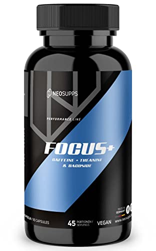 NEOSUPPS Focus+ Booster Caps I 90 Hochdosierte Fokus Kapseln mit Koffein, L-Theanin & Bacoside I Perfekt für vor dem Training oder beim Lernen