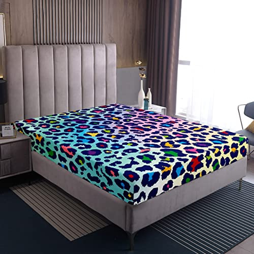 Buntes Spannbettlaken mit Leopardenmuster Regenbogen Gepard Druck mehrfarbiges Tie Dye Bettwäsche 140x200 Bettdecke Wildtiermotiven atmungsaktive Mikrofaser Bettwäsche für Mädchen kein Kissenbezug