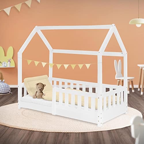 ML-Design Kinderbett 70x140 cm mit Rausfallschutz, Dach und Lattenrost, Weiß, Massivholz Kinder Bett, Hausbett für Mädchen/Jungen, Bettenhaus aus massivem Kiefernholz, Bodenbett Jugendbett Kinderhaus