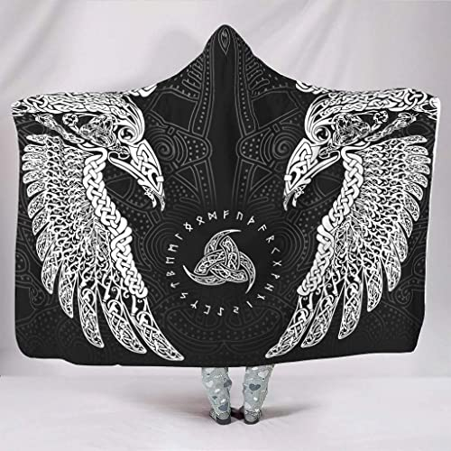 YEOL Wikinger Odins Decke mit Kapuze Weich Wohndecke Schlafdecke Sofadecke Plüschdecke Pelzdecke Wearable Nordisch Mythologie Sherpa Blanket (Keltisch Odins Raben, Erwachsener 150x200cm)
