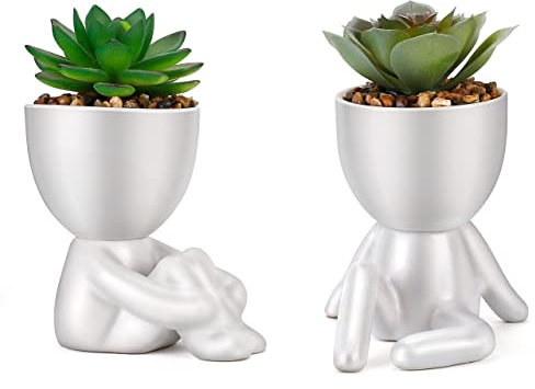 WOODWORD Artificial Succulents Mini White Modern Human Ceramic Pots, Cute Desk Decoration, Pink Succulents for Office Decoration, Desk Plant, Cute Decoration, 2 Pack