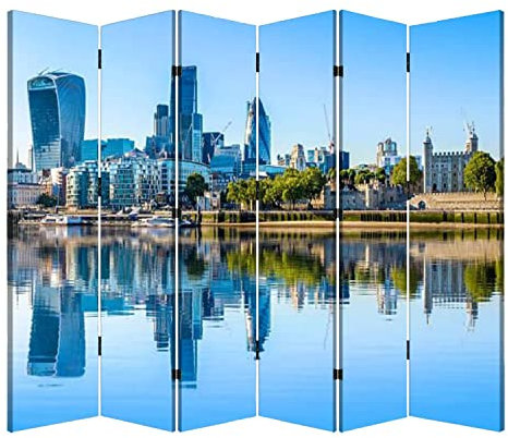 Faltbarer Raumteiler für Privatsphäre, wolkenloser Tag im Financial District of London, tragbarer, freistehender Raumteiler, Raumteiler, Heimbüro, Schlafzimmer, Raumteiler, 6 Paneele