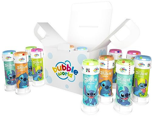Bubble World - Pompas de Jabón Stitch - Pompas de Jabón Niños - Ideal como Detalle Cumpleaños Niños - Tubos Blancos con soplador Rojo Integrado - Paquete de 12 uds de 60 ml - Made in Italy