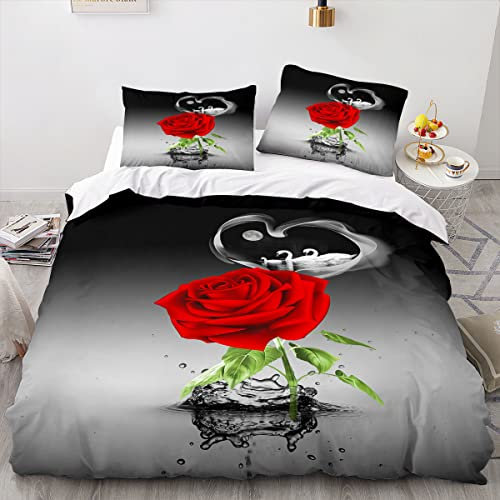 TSOPEFI Rosen Bettwäsche 135x200cm 3D Rot Rose Bedruckte Bettwäsche Set 3 Teilig mit 2 Kissenbezug für Mädchen Erwachsene (200x200cm, B)