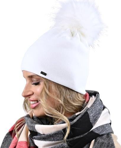 Alur Mütze Damen Beanie Wintermütze Strickmütze mit Bommel - Warme Elastisch Elegant Winter Mütze Eko Bommelmütze - Weiches Garn Stilvoll Universell Warm (Weiß)