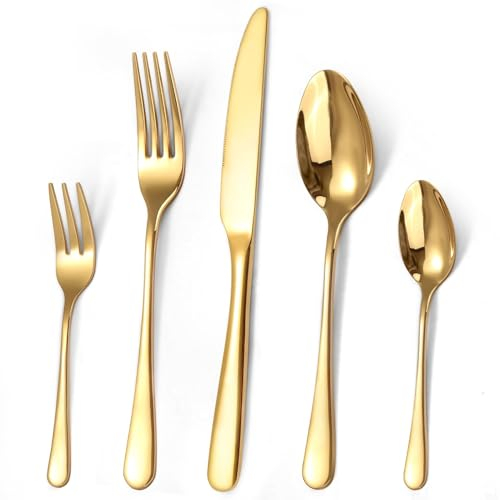 Targizer Besteck Set 6 Personen, 30 teilig Edelstahl Gold Besteck Set Glänzendes Essbesteck Set mit Messer Gabel Löffel, Hochwertiges Edelstahlbesteck, Spülmaschinenfest.