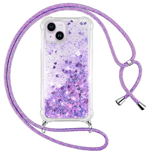 Vauki Coque pour iPhone 14 Plus avec Cordon, Paillette Liquide Transparent Crystal Glitter Housse, Protection Antichoc Silicone Souple TPU Bumper Case,Réglable Collier pour iPhone 14Plus, Violet